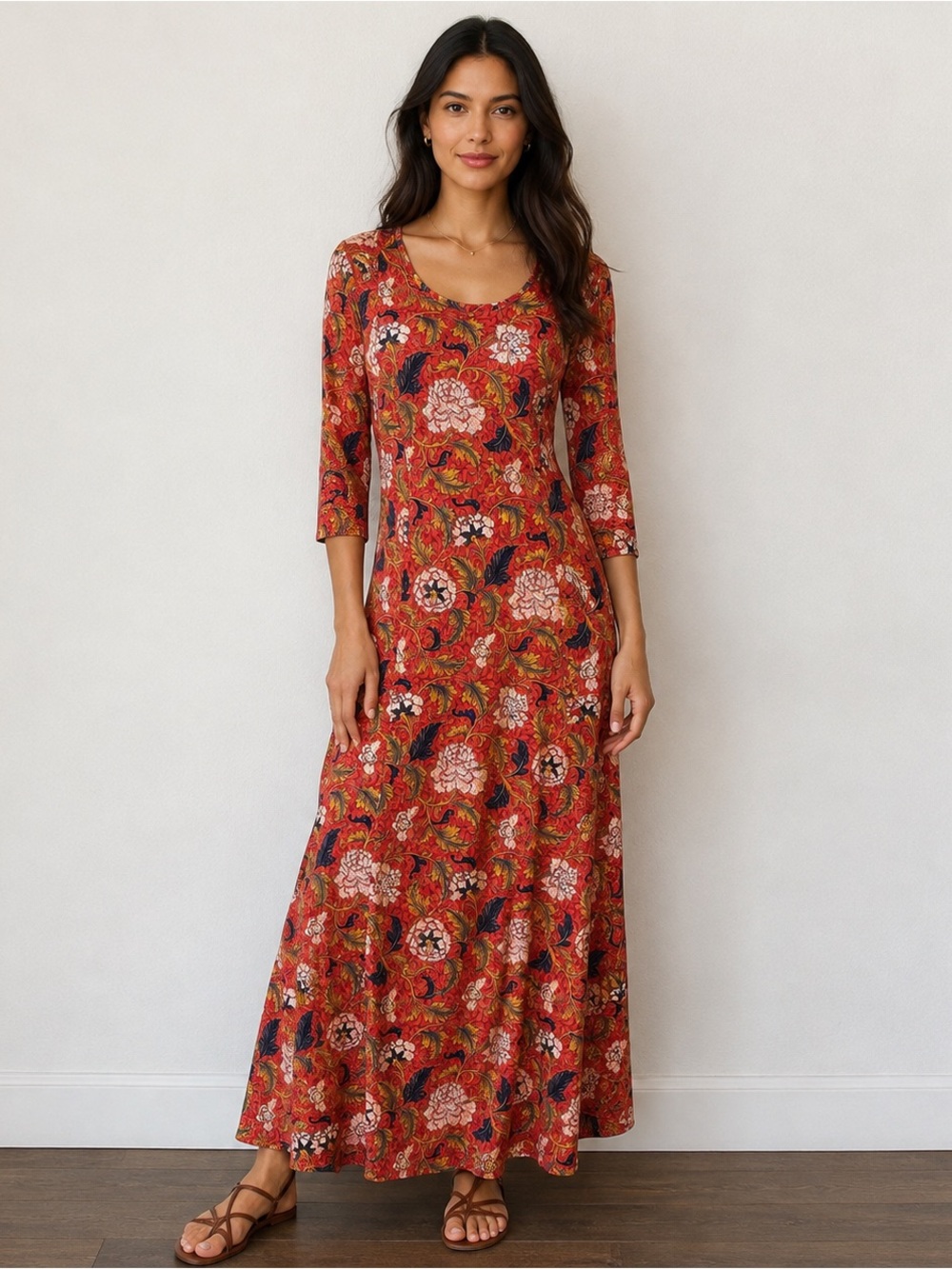 New Peruvian Connection Floral Print Maxi Dress Red Boho Size S Cotton jersey